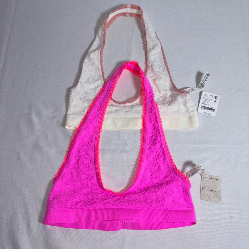 Free People sweet point Halter Bralette Set M/L Neon Pink Ivory Lace Seamless